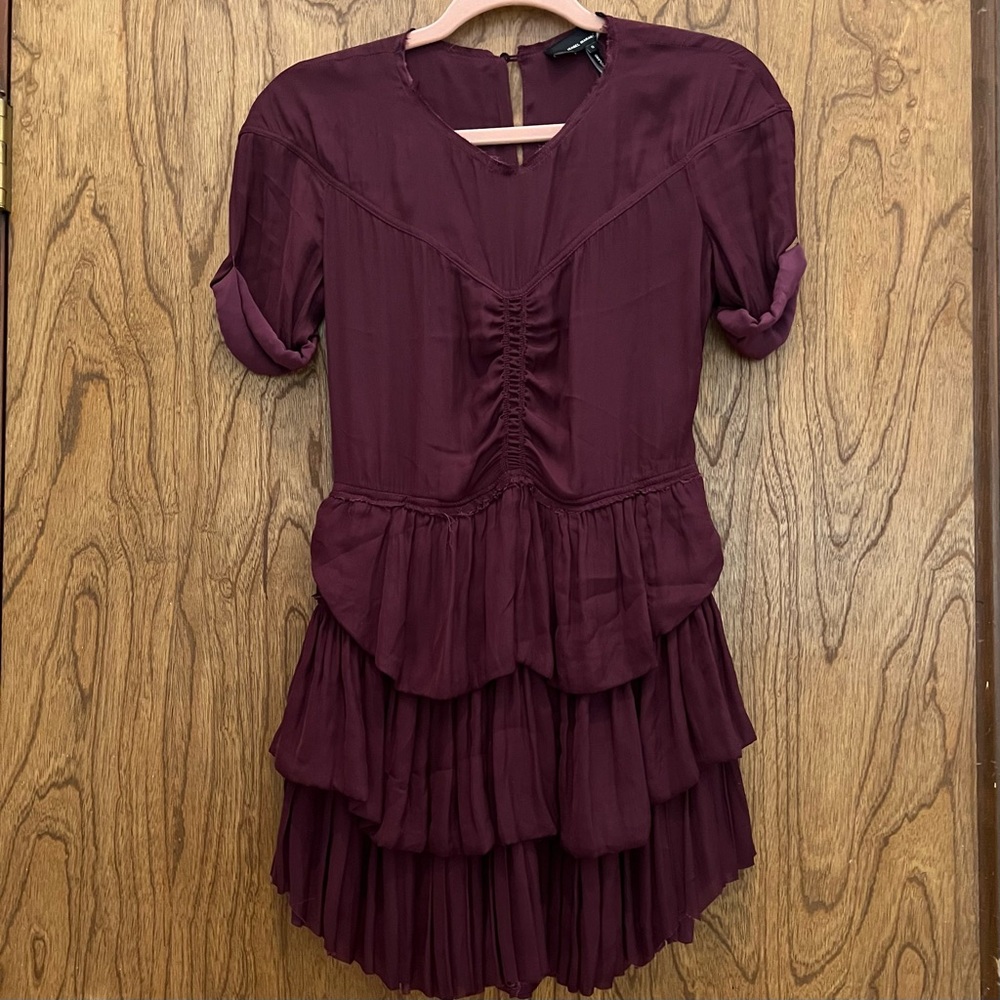 RARE Isabel Marant Tiered Mini Dress Wine Ruched Matte Satin Size 0 Short Sleeve